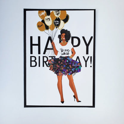 Happy Birthday Card - Girl in Black/Gold