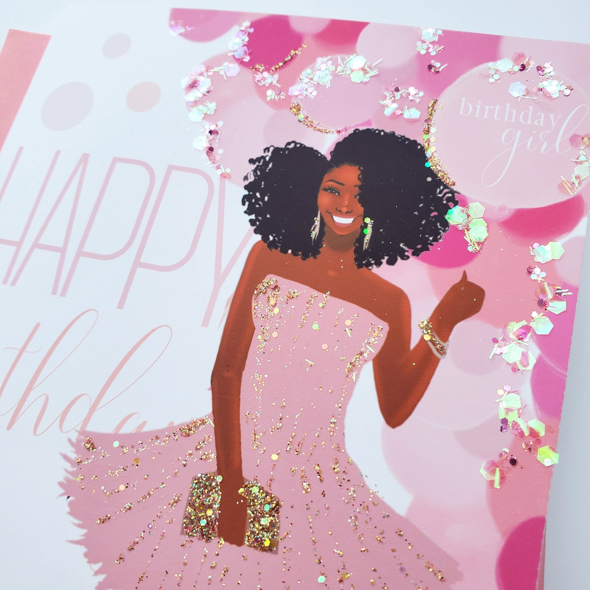 Pink Balloons - Black Woman Birthday Card | Black Greeting Cards | Black Woman Art | African American Cards | Embellished | Handmade Cards