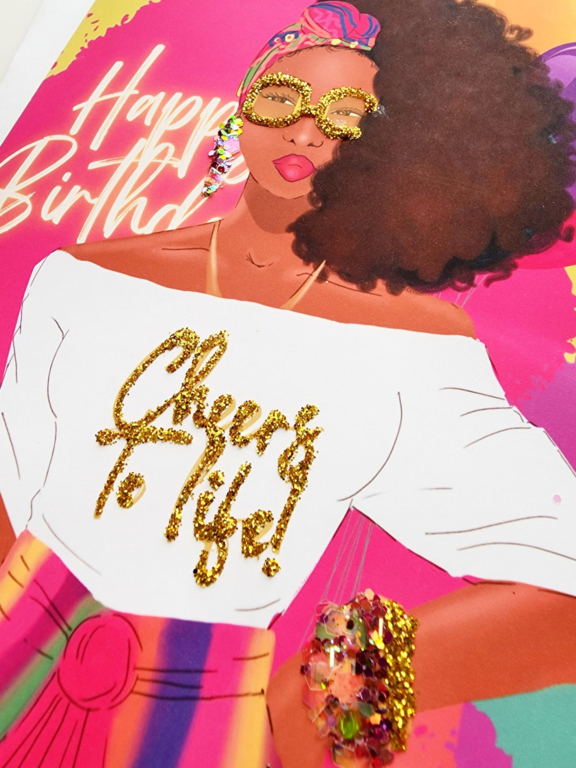 Cheers To Life!  - Woman Happy Birthday Greeting Card | Black Woman | Black Girl Greetings | Melanin | Jewelry | Natural Hair | Art
